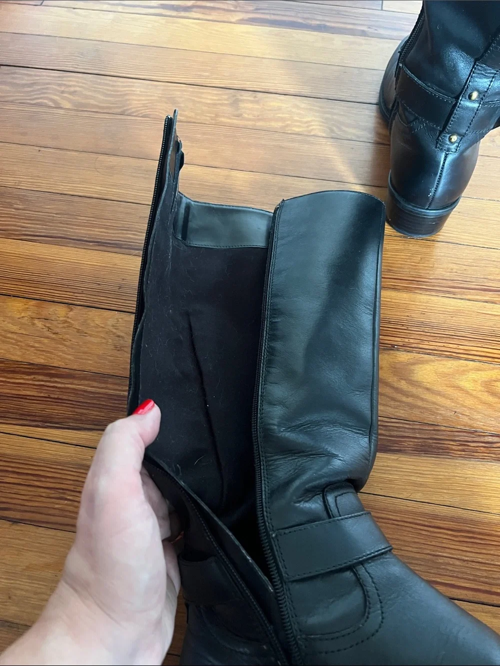 Lauren Ralph Lauren Norah Black Leather Tall Riding Boots Size 8B Gold Buckle